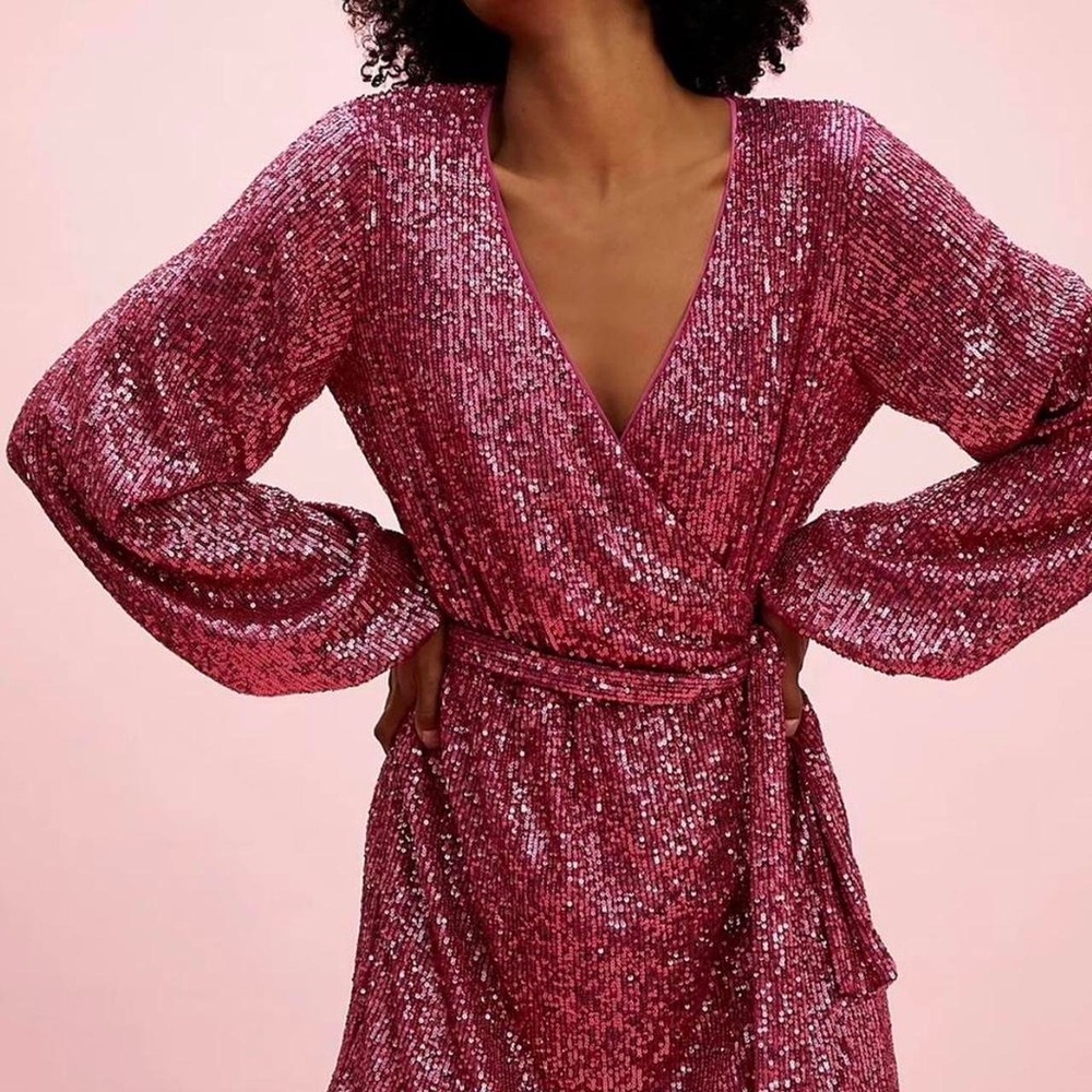 Free People hot pink sequin wrap romper tie waist Sz XS #girlhoodcore